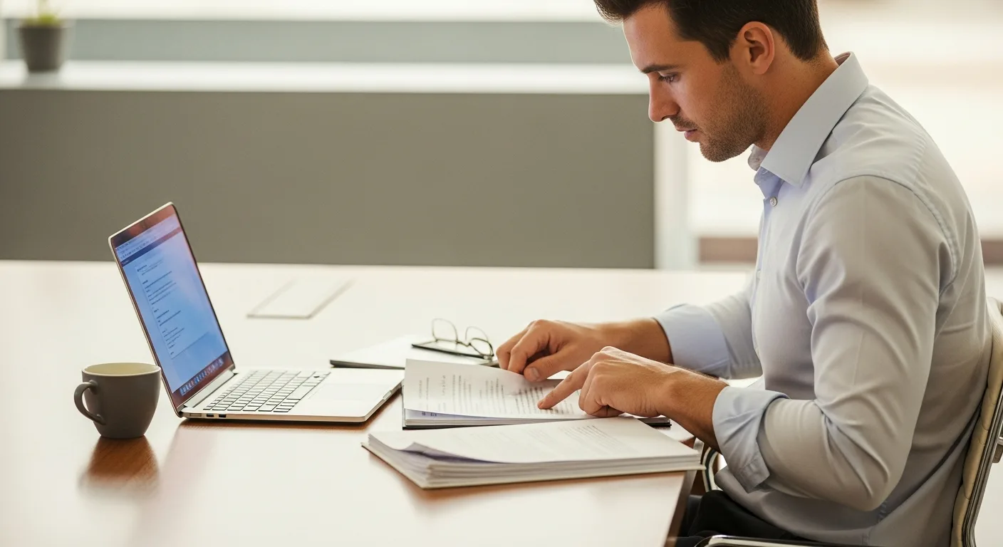 An adult man reviewing documents at a desk with a laptop and a cup of coffee