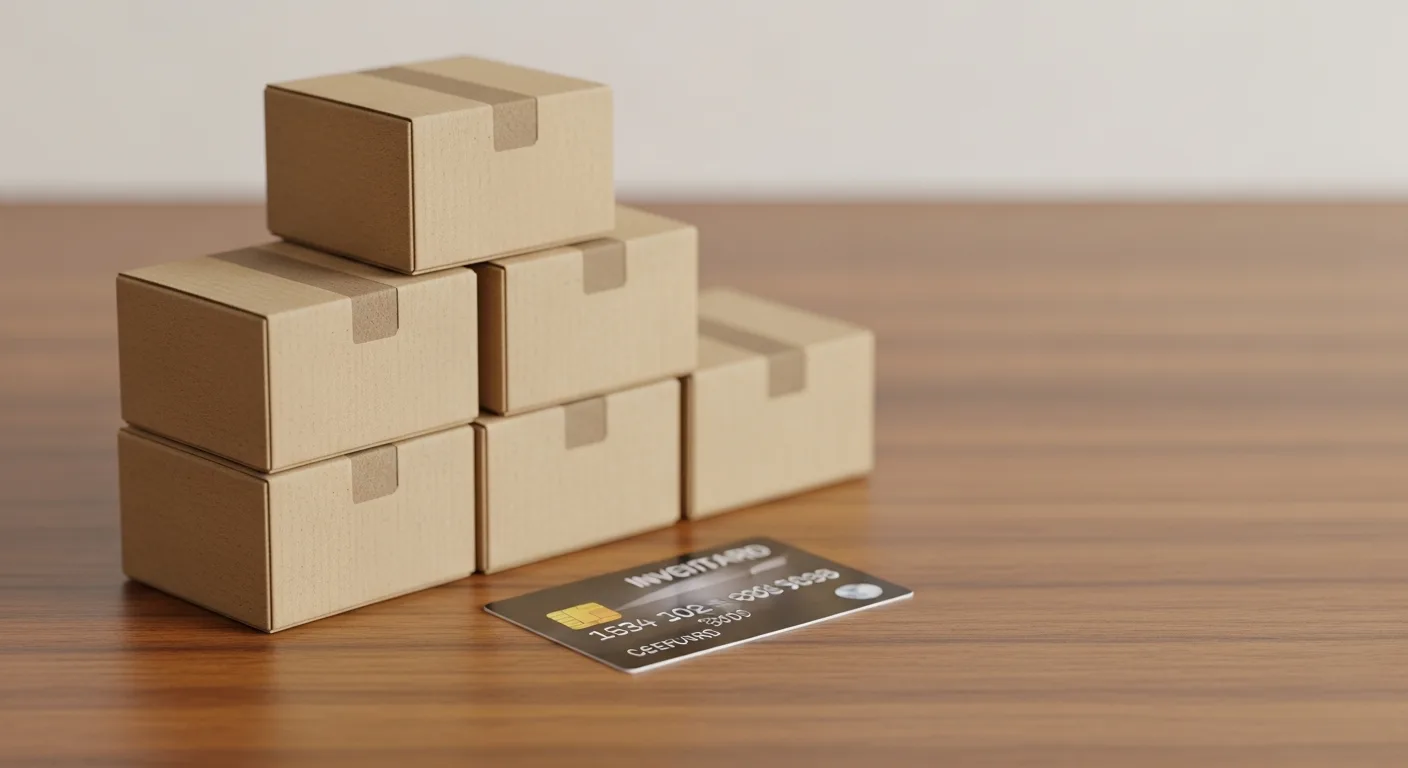 Stacked cardboard boxes representing business inventory beside a business credit card on a wooden surface