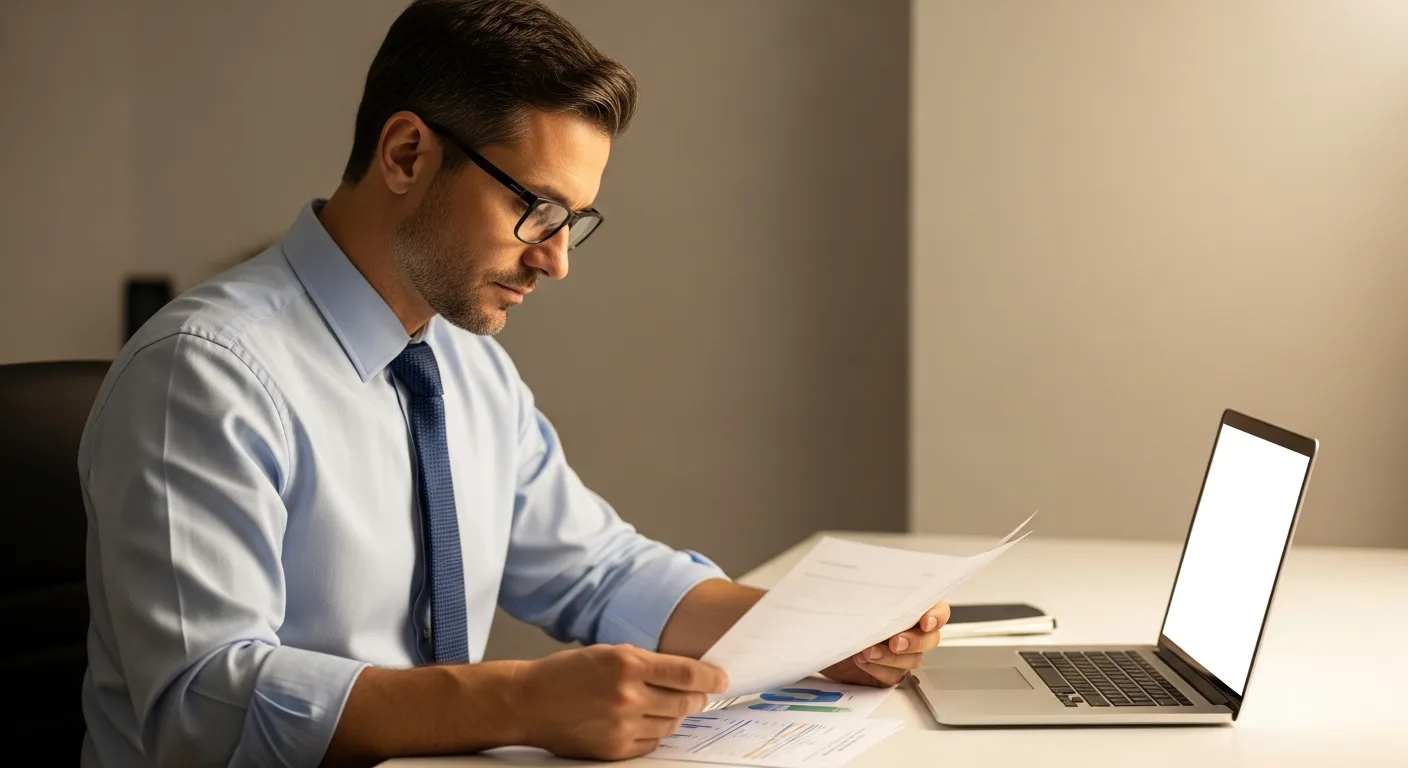 An adult man reviewing financial paperwork at a desk with a laptop open beside him