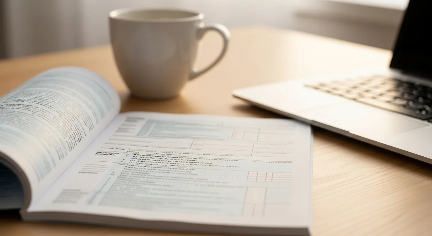An open IRS Schedule C tax form on a desk beside a cup of coffee and a laptop