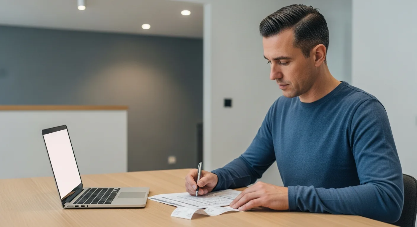 A man reviewing business expense receipts and a spreadsheet at a home office desk