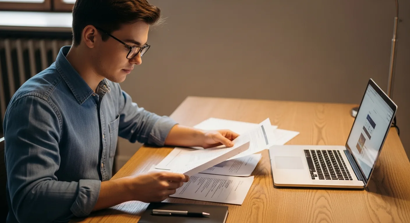 A young adult man reviewing credit report documents at a desk with a laptop and notebook