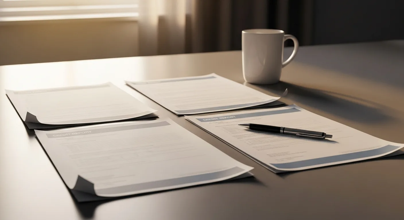 Credit report printouts spread across a desk beside a cup of coffee