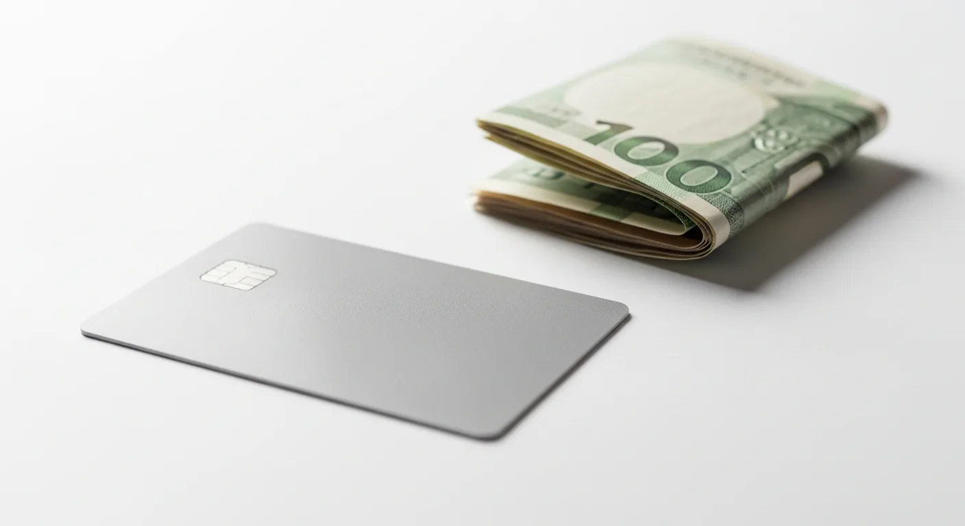 A plain credit card and a small stack of cash representing a secured card deposit on a clean surface