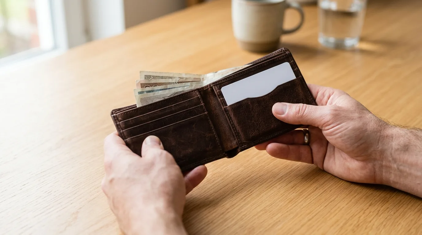 Hands holding a wallet with a card and a small stack of cash