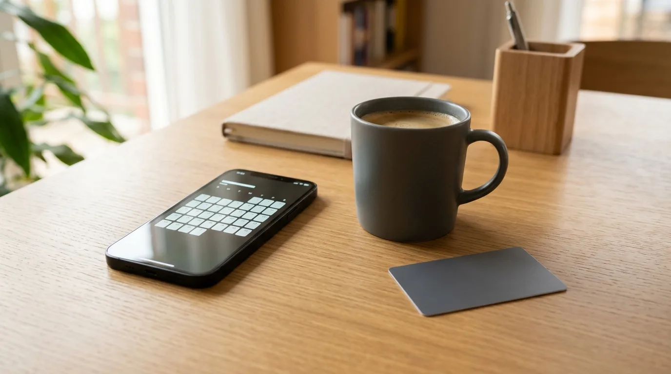 A phone showing a calendar reminder next to a blank card