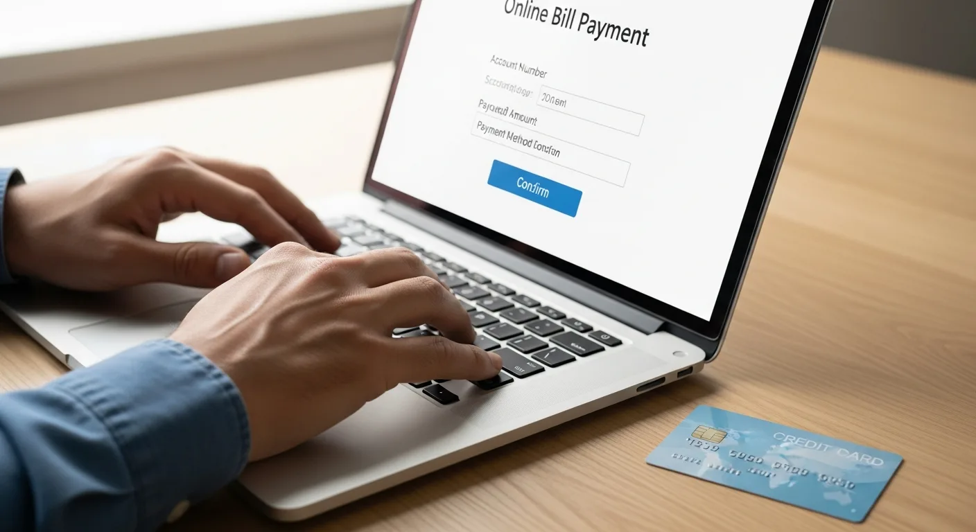 Male hands setting up automatic bill payment on a laptop with a credit card on the desk