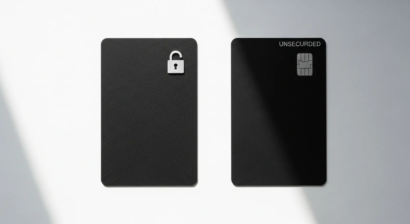 Two credit cards side by side on a clean surface, one with a padlock showing secured vs unsecured