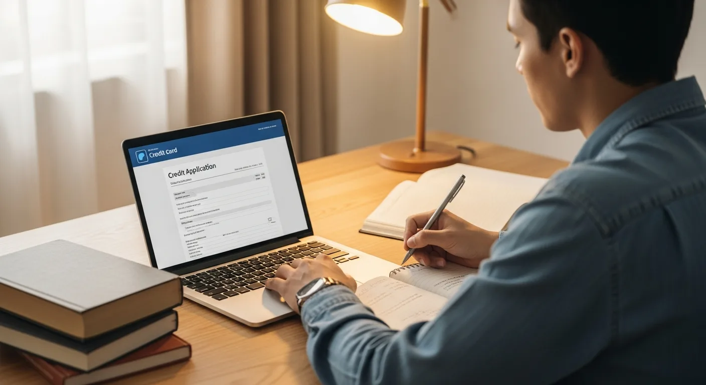 A young adult man sits at a desk surrounded by textbooks, a laptop, and a credit card application on screen