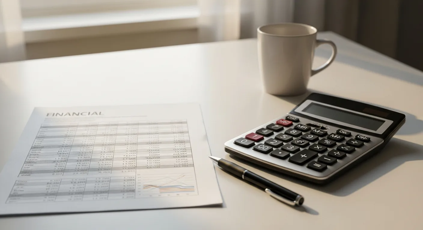 A desk with a printed financial aid award letter, a calculator, and a pen