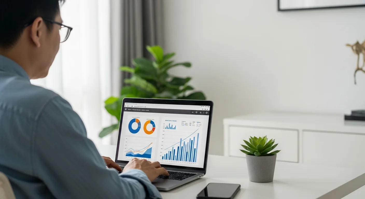 A man reviewing credit card statements on a laptop next to a small succulent plant