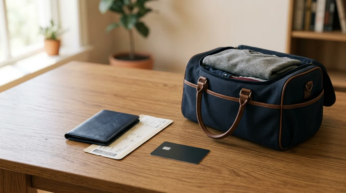 A passport, boarding pass, and credit card sitting on a wooden desk next to a small suitcase