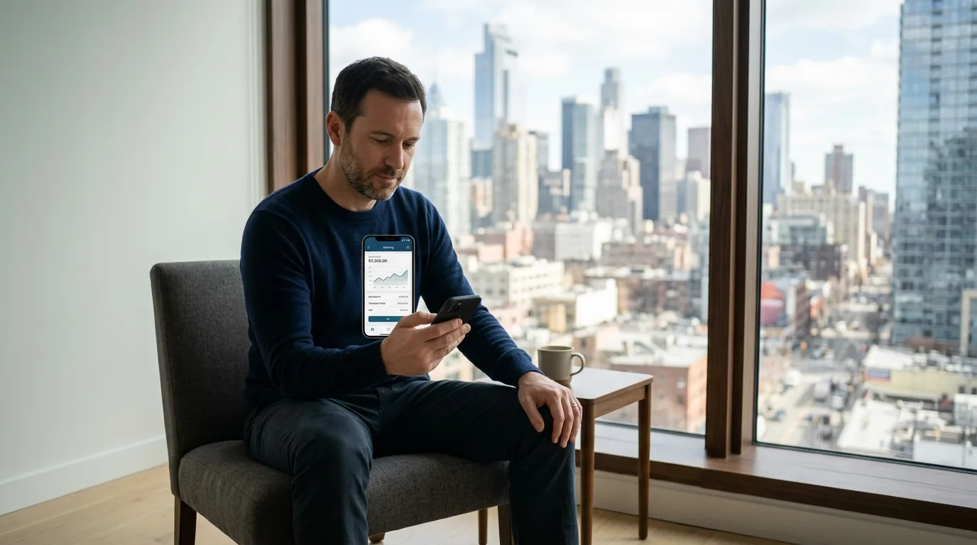 An adult man checking his phone banking app while sitting near a window with a city view