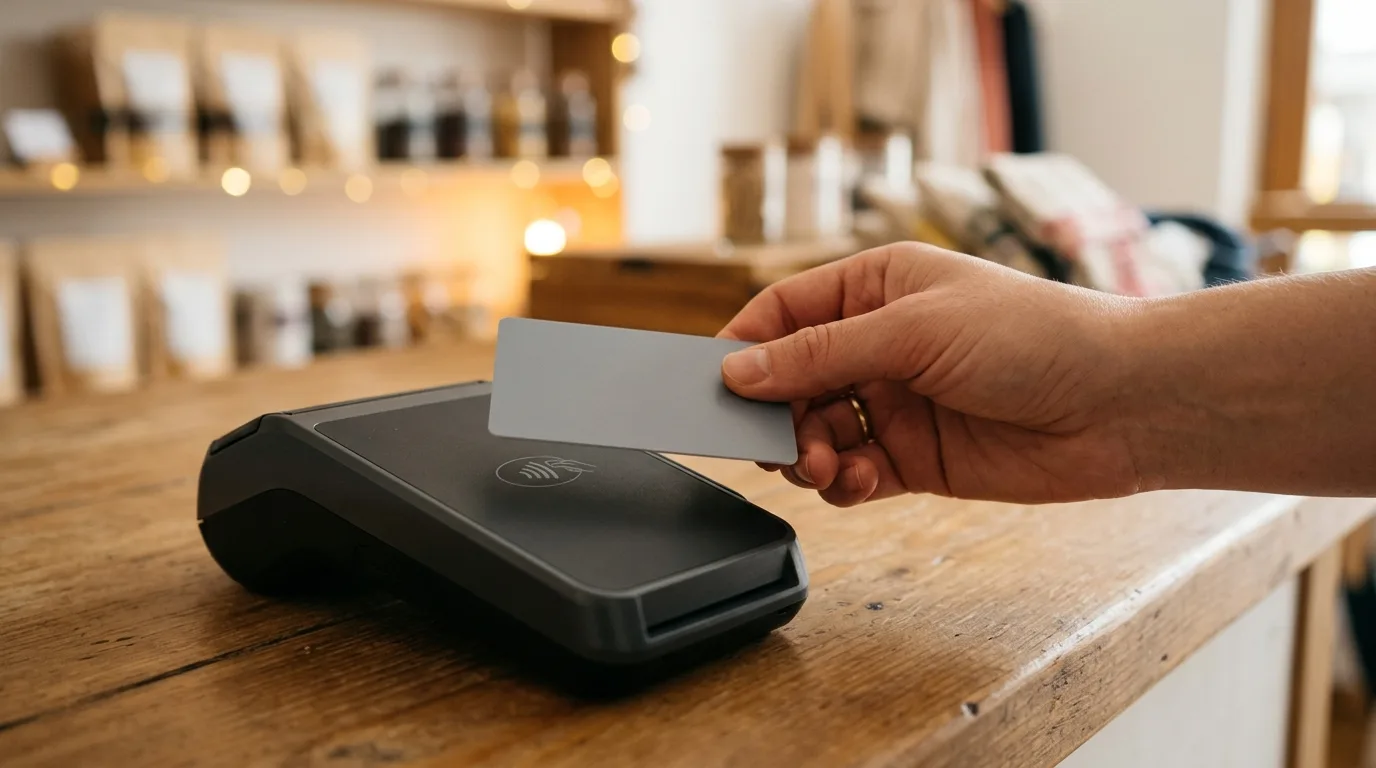 A card reader terminal on a small shop counter with a card being tapped