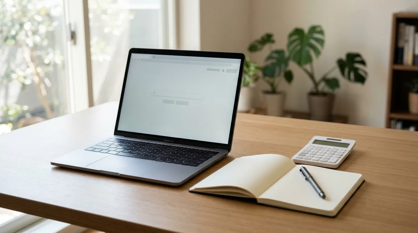Laptop showing a blank booking page next to a notebook and calculator