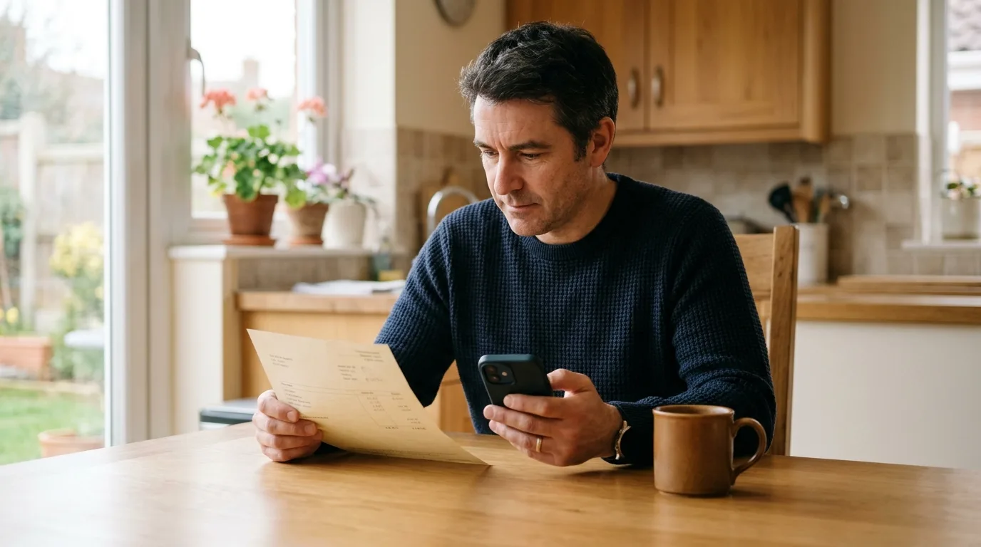 Man reviewing a credit card statement at a kitchen table