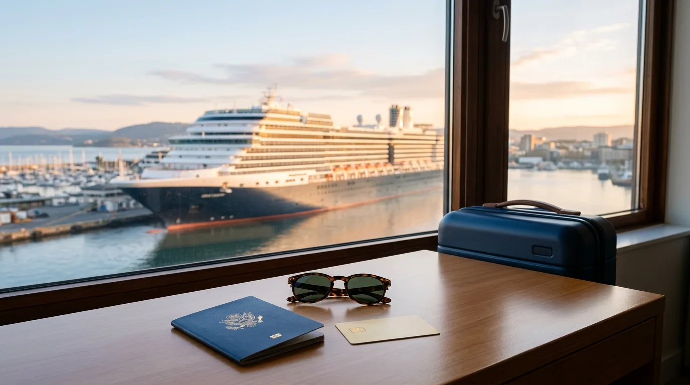 Passport, sunglasses and a credit card on a desk with a cruise ship visible through a window