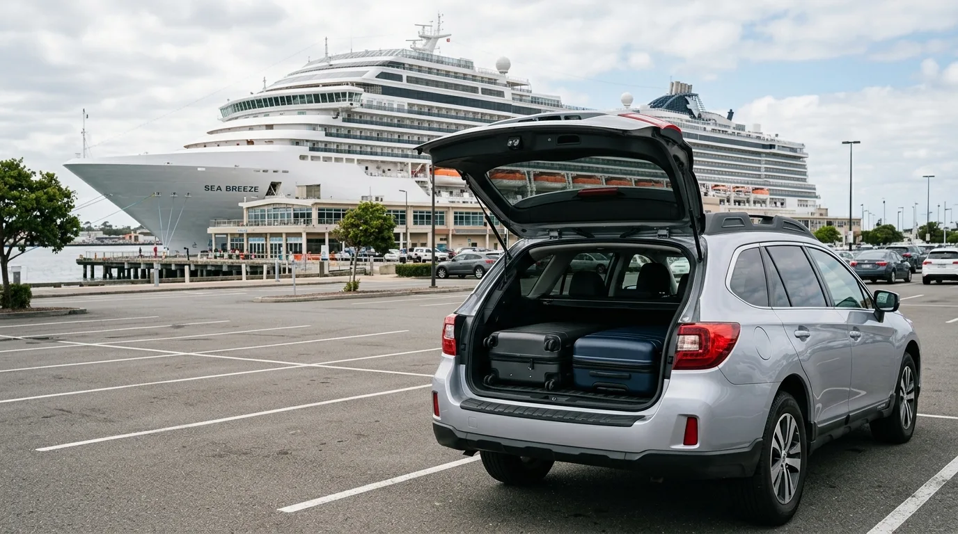 Car packed with luggage parked near a cruise terminal