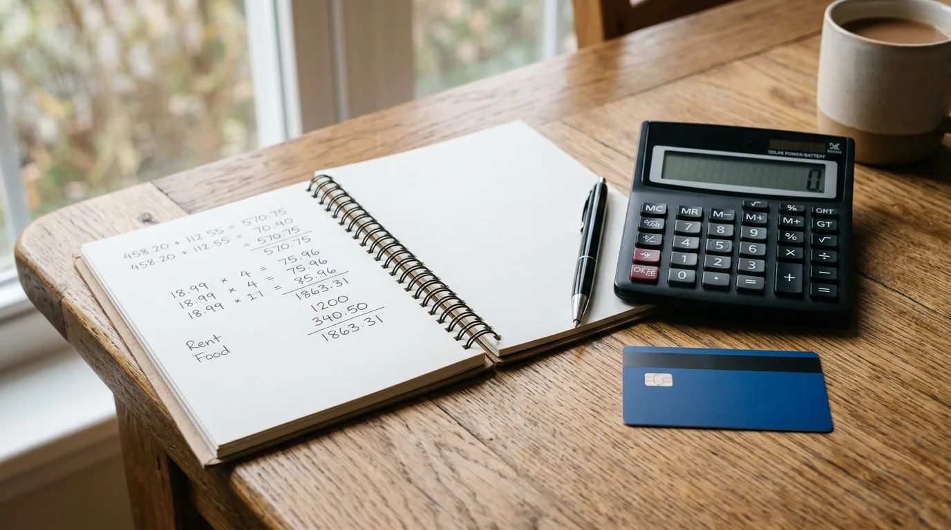 Calculator and notebook beside a credit card on a table