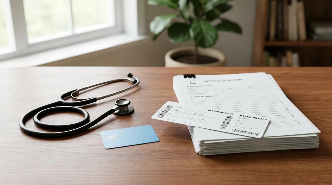 A stethoscope resting next to a credit card and a stack of paperwork on a desk
