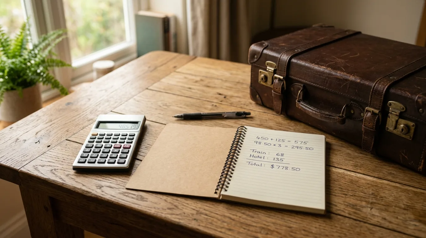 A calculator and notebook next to a small suitcase, representing budgeting for travel