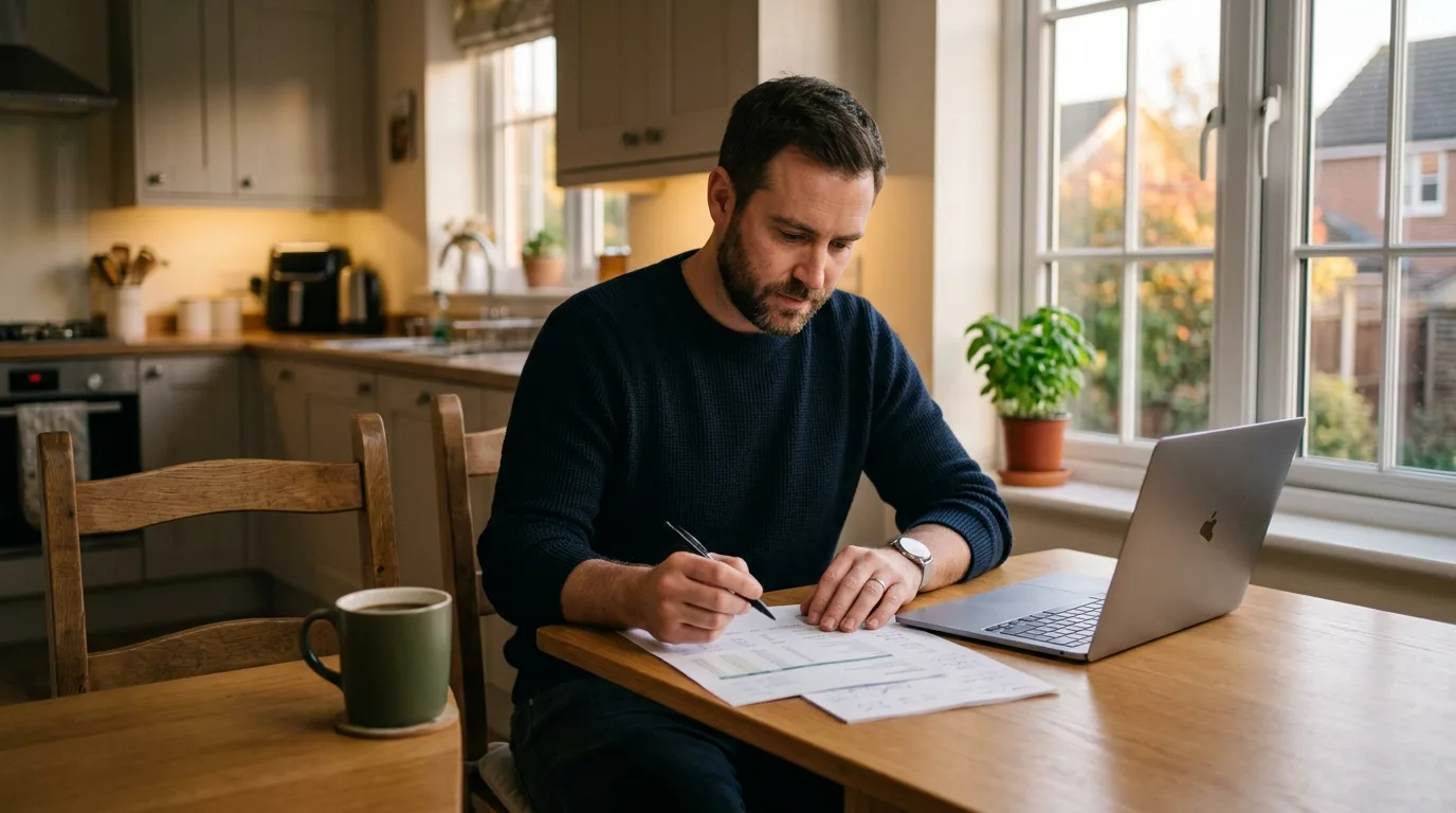 An adult man reviewing paperwork at a kitchen table with a laptop and coffee cup