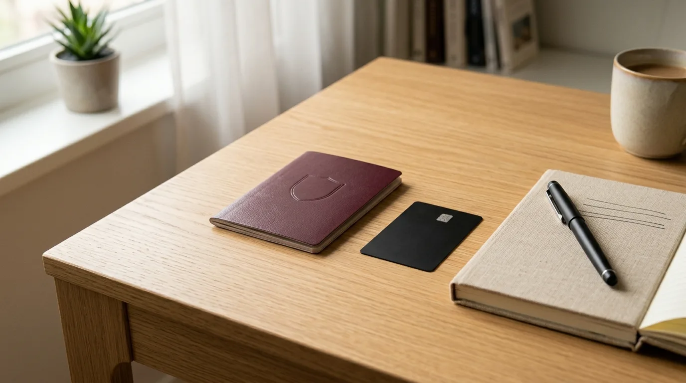 Passport, a credit card, and a notebook with a trip checklist on a desk