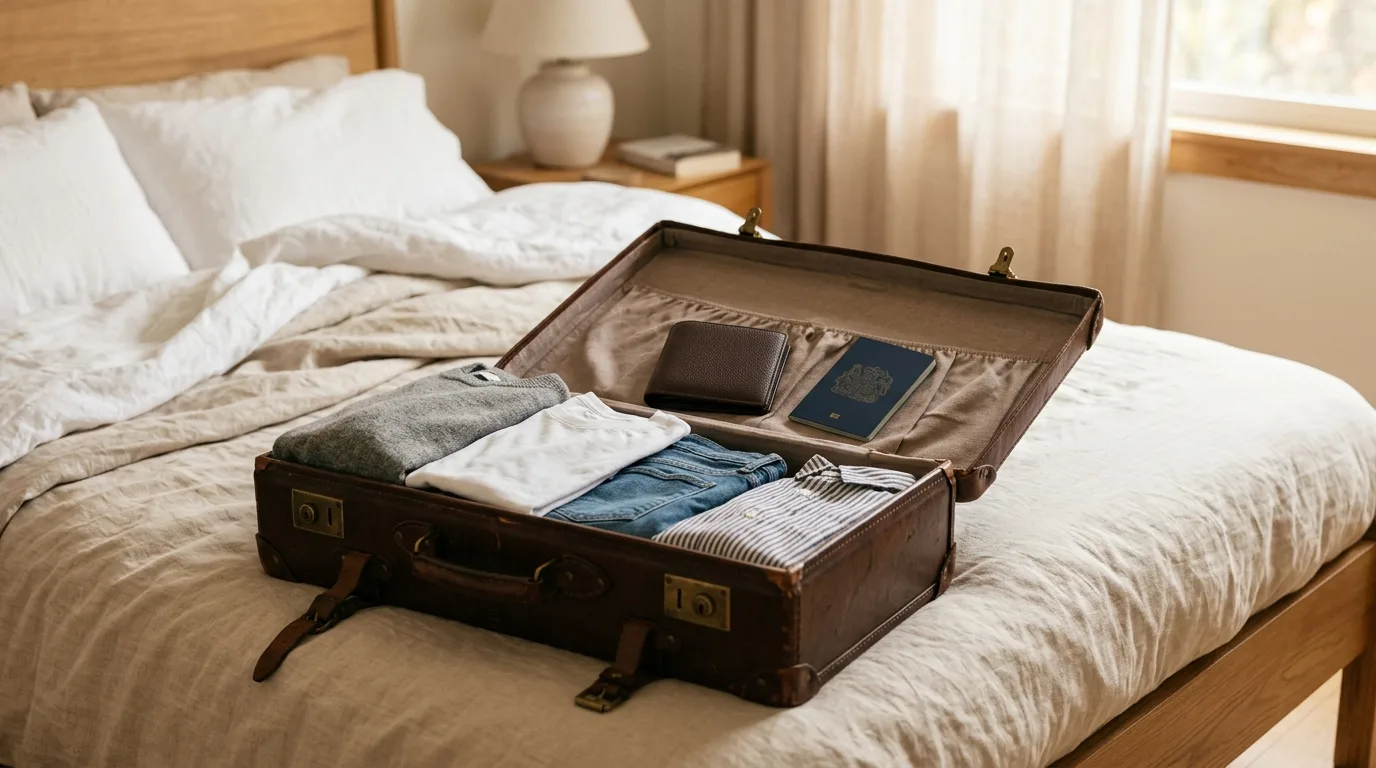 Open suitcase with a wallet and passport inside