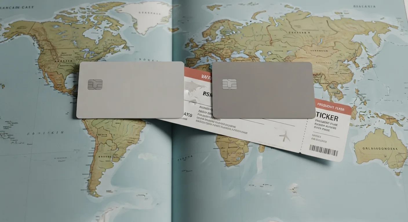 Two travel credit cards side by side on a world map showing card type comparison