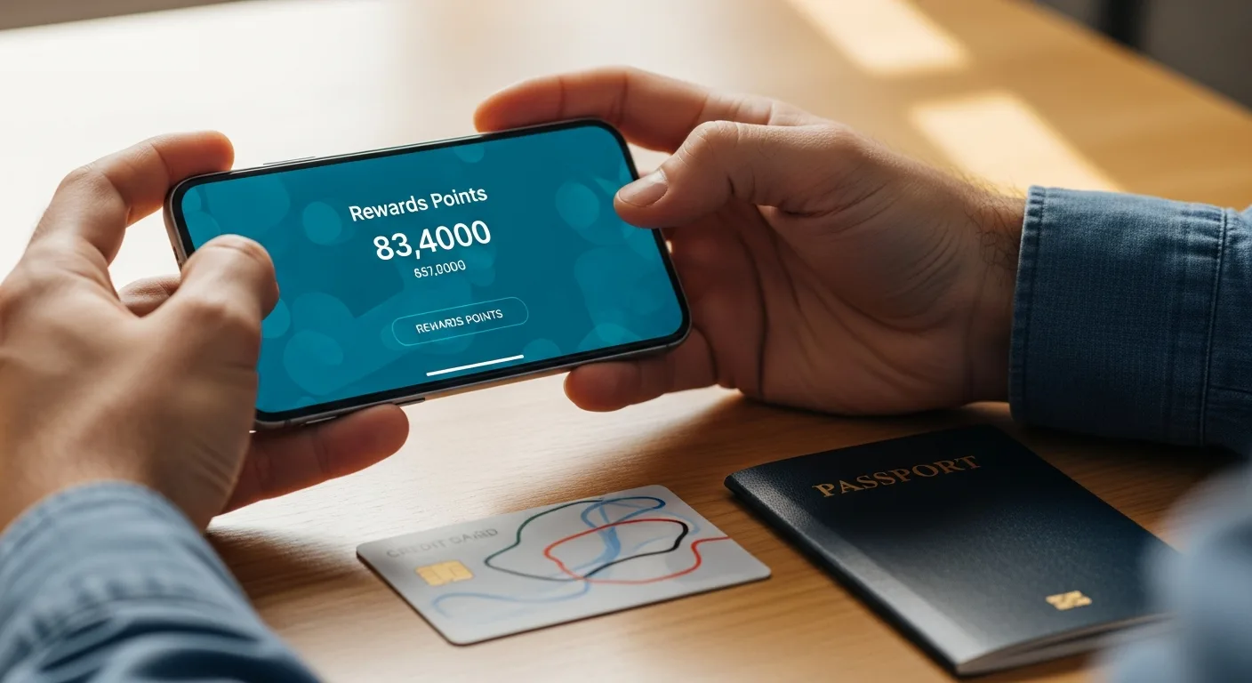 Phone showing reward points with a credit card and passport on a desk