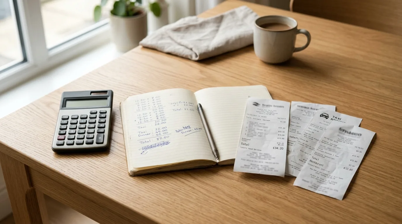 A calculator, notebook and travel receipts on a table