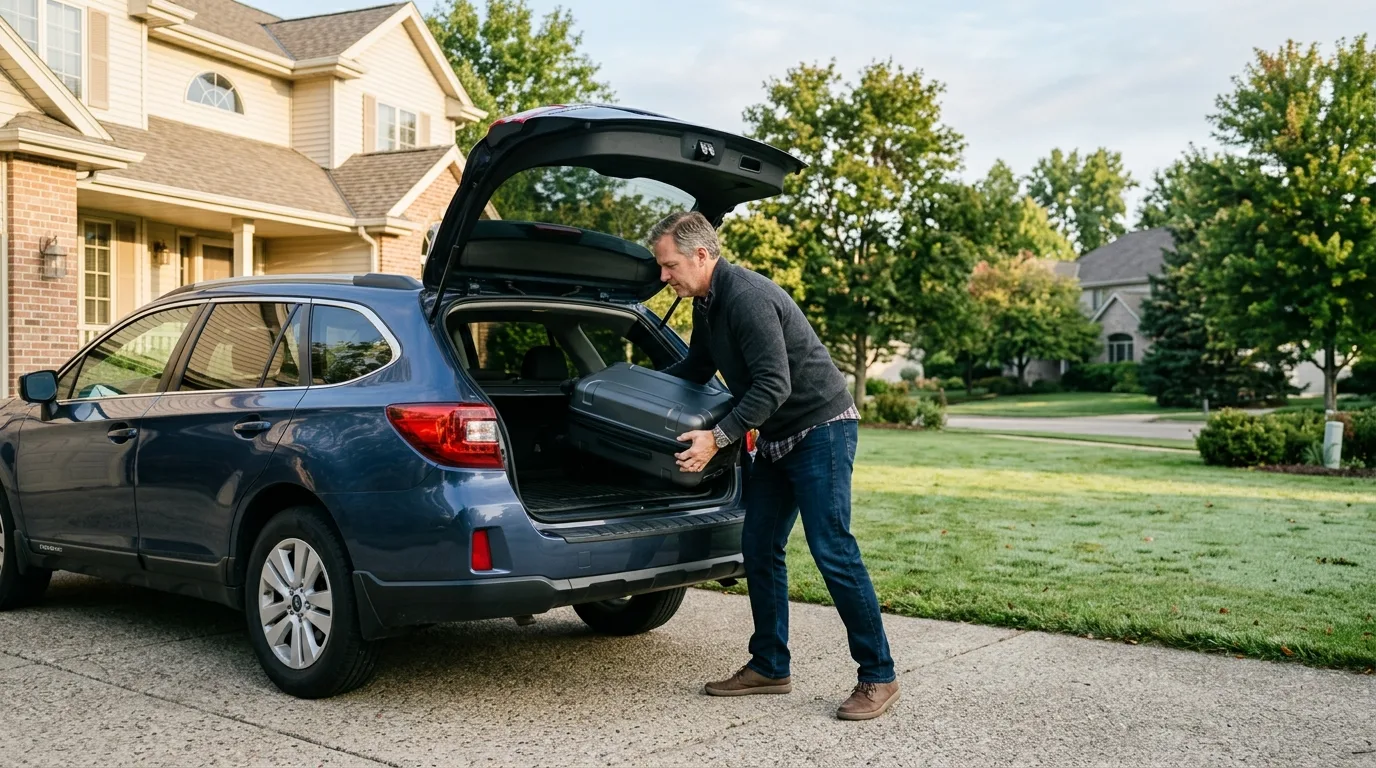 A man loading a suitcase into a car trunk for a road trip