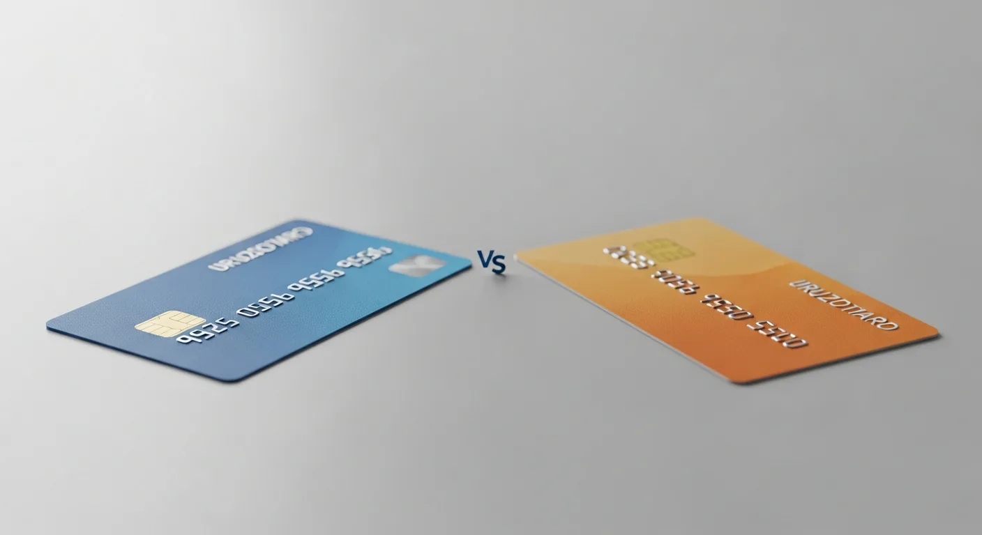 Two credit cards facing each other with a VS symbol between them on a clean surface