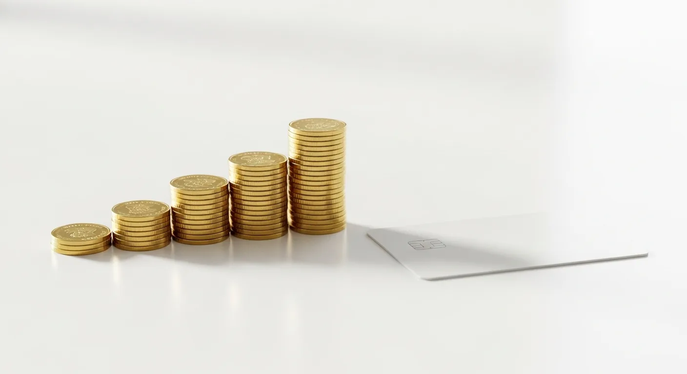 Ascending stacks of dollar coins beside a credit card showing long-term compounding cost