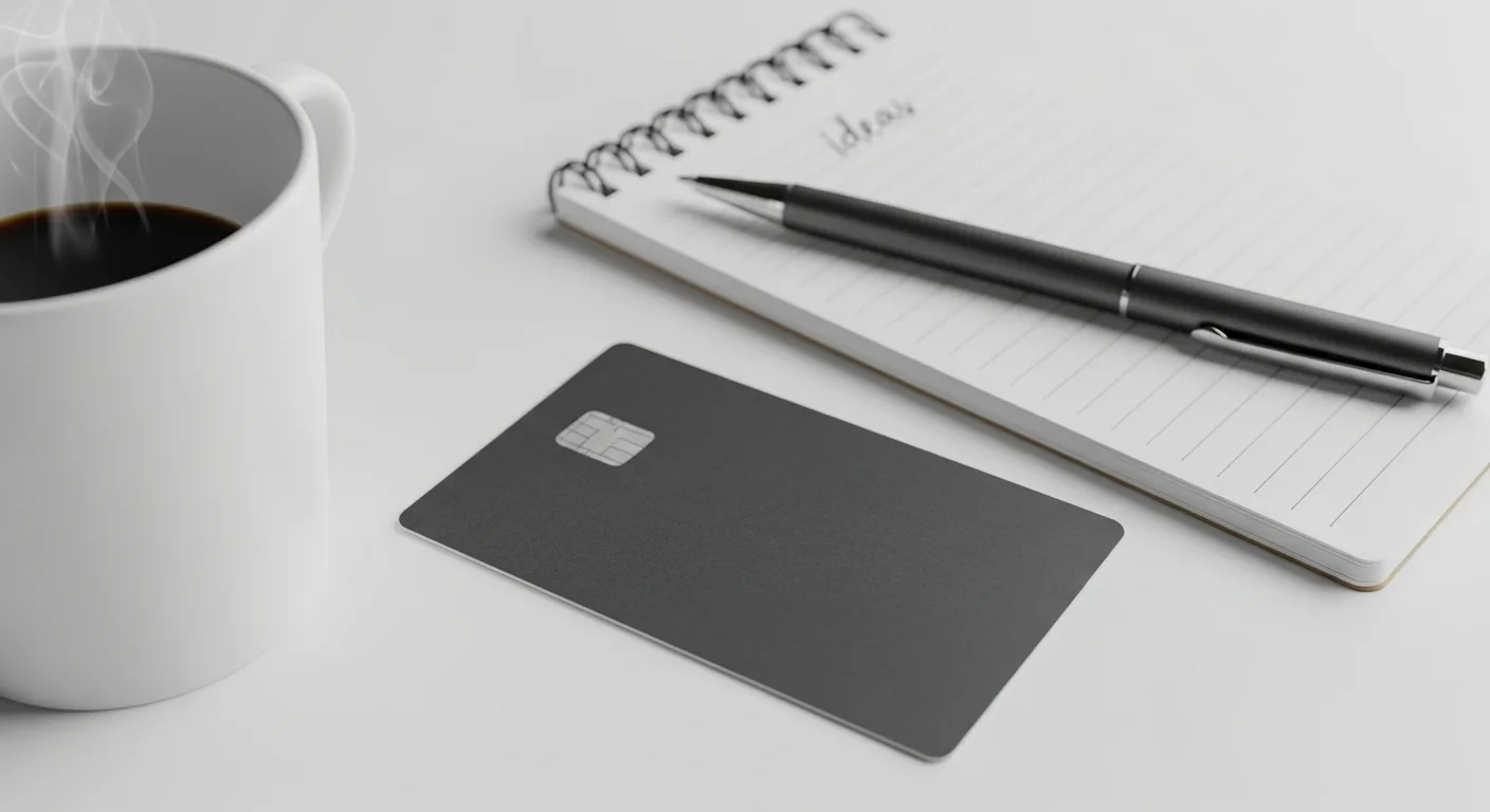 A clean wooden desk with a single credit card, a notepad, and a cup of coffee