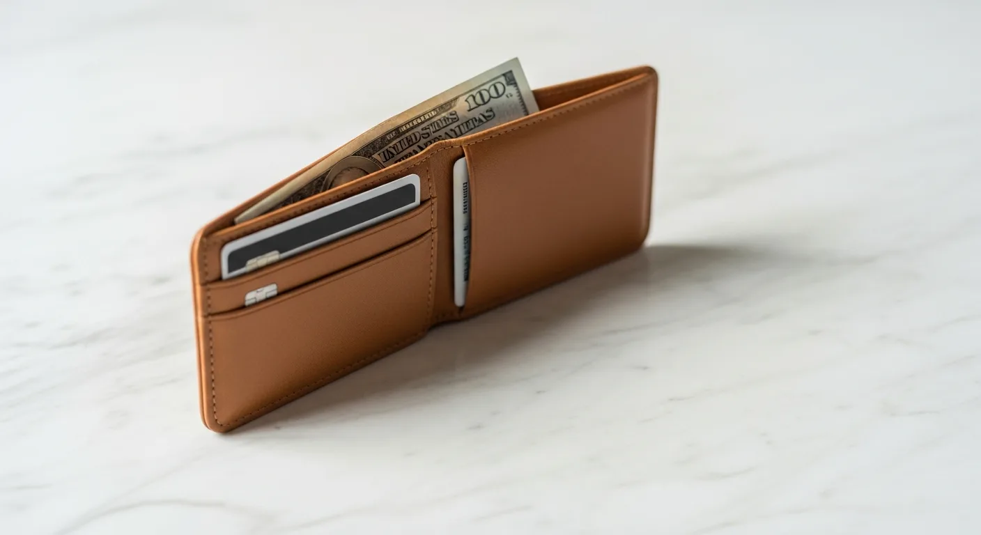 An open wallet with a single card and some cash on a light surface