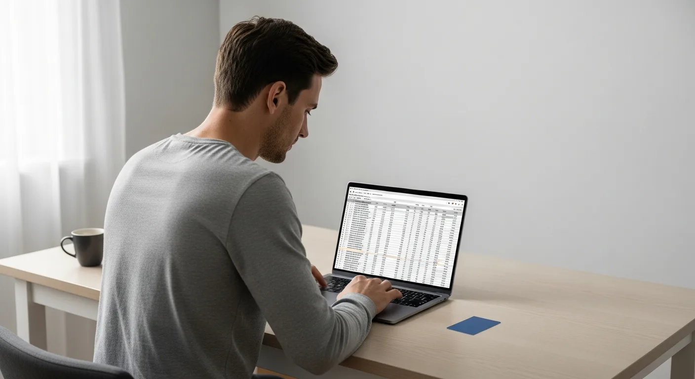 A man reviewing a monthly budget on a laptop at a home desk