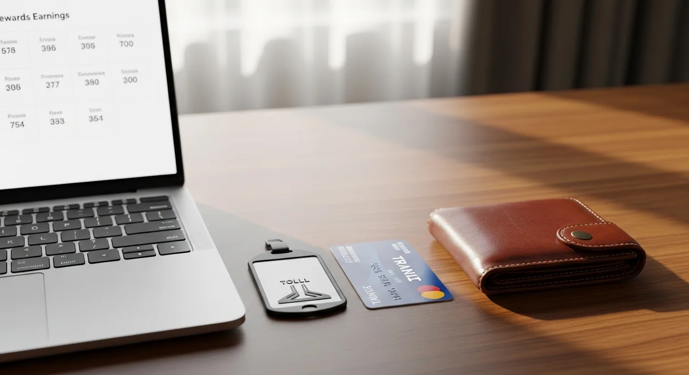 A leather wallet, transit card, and toll tag resting on a desk beside a laptop showing a rewards dashboard