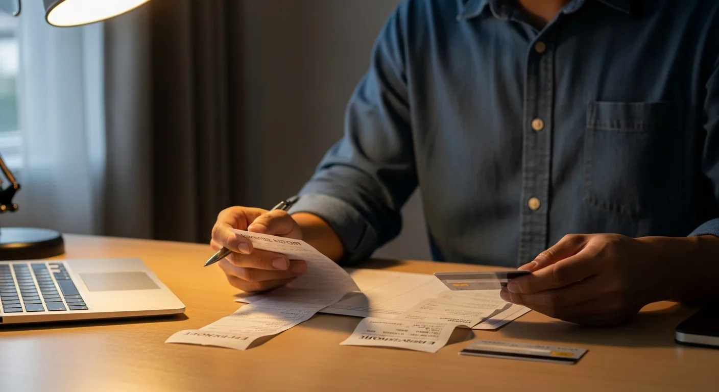 A man reviewing a monthly expense report at a home desk with a credit card and receipts nearby