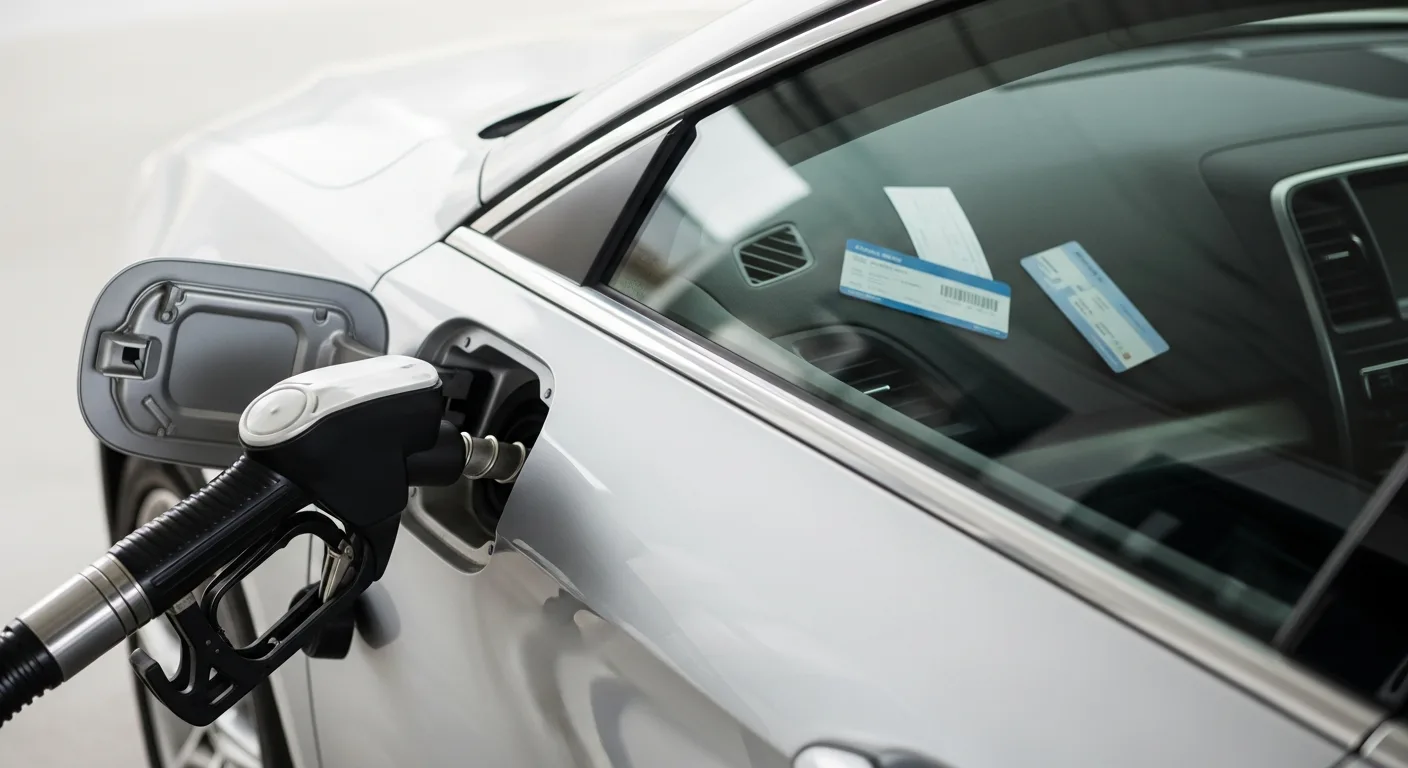 A gas pump nozzle inserted into a car, with a parking garage ticket and transit pass on the car dashboard