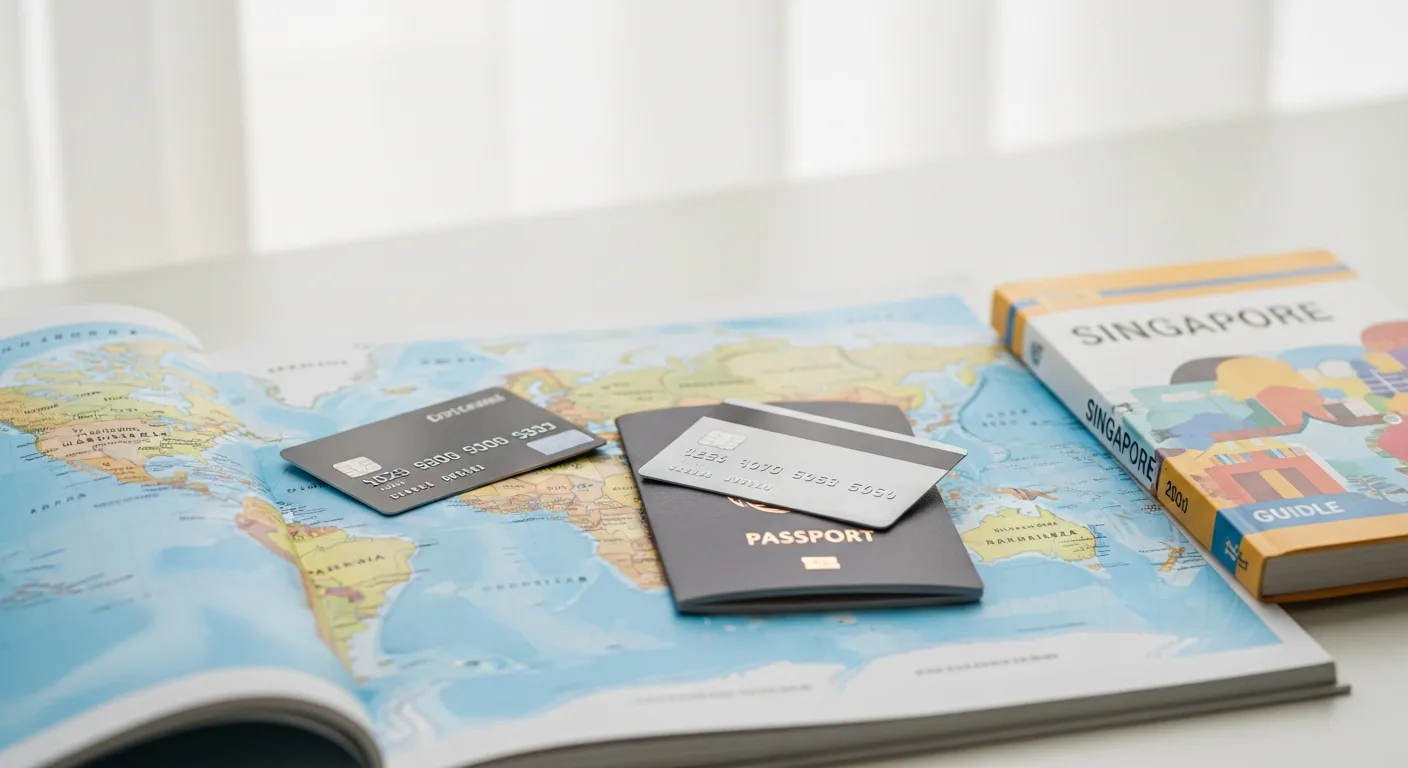 Two travel credit cards and a passport resting on a world map beside a Singapore travel guidebook