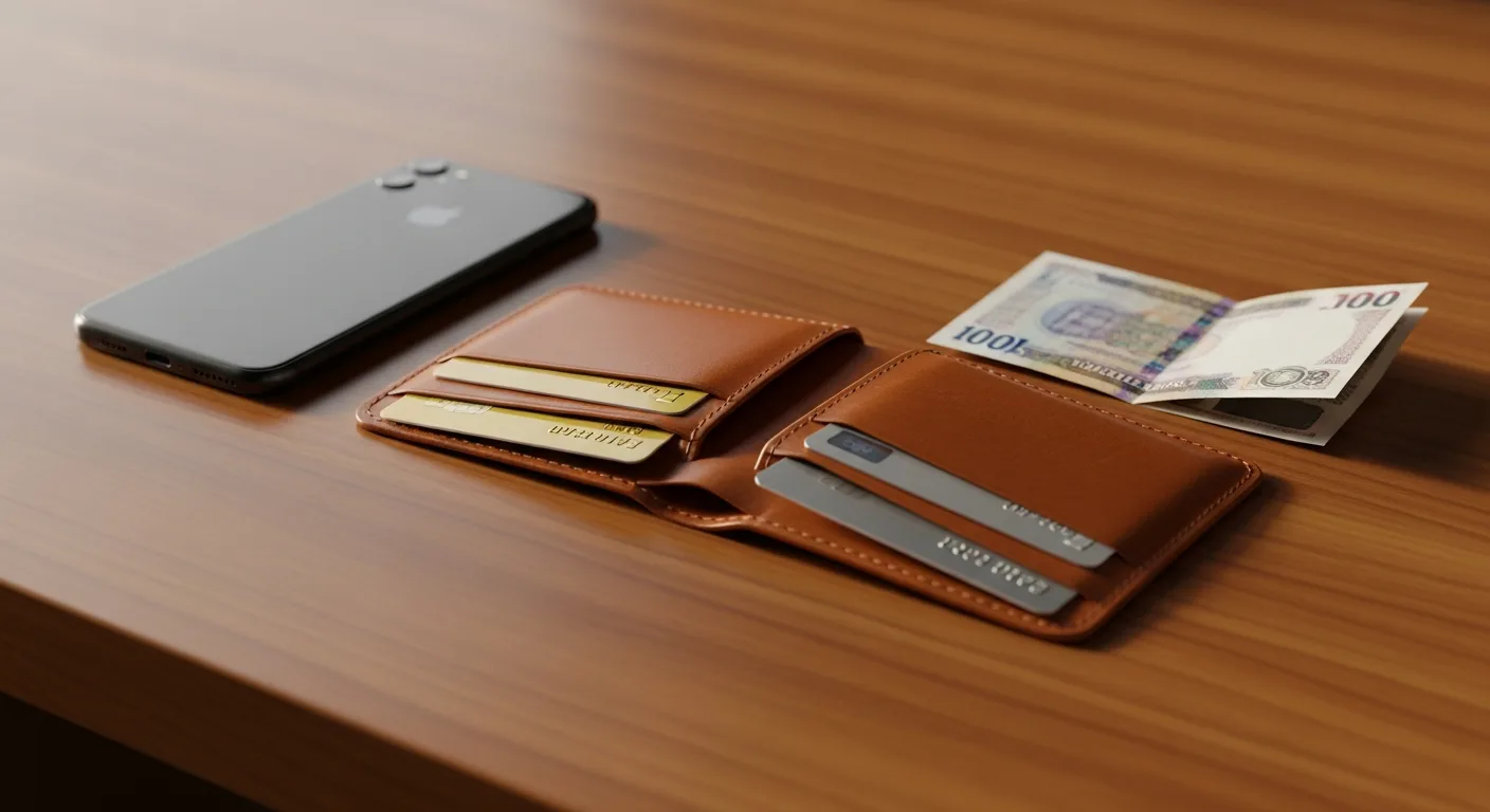 A wallet open on a wooden desk showing two credit cards beside a Singapore dollar banknote and a mobile phone