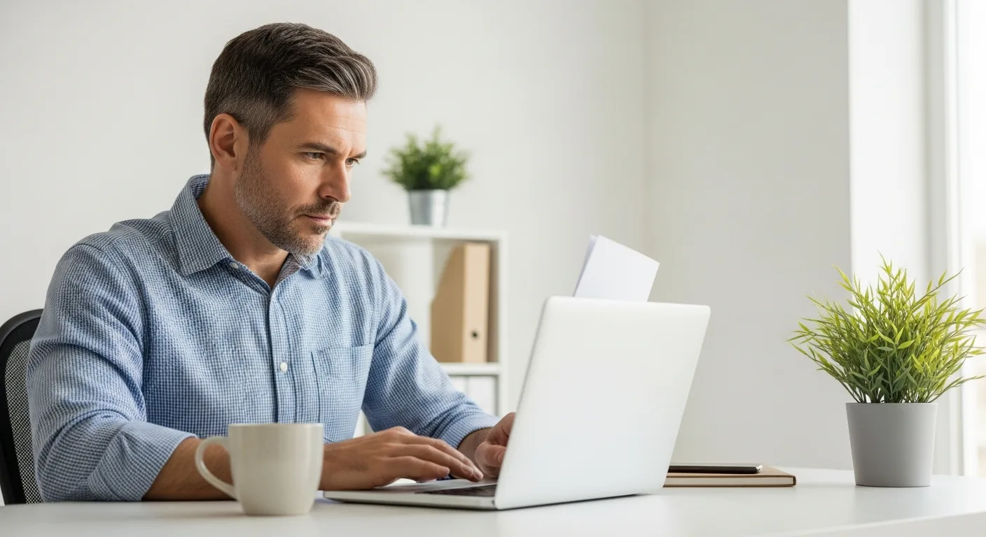 An adult man reviewing credit card statements on a laptop at a modern home office desk with a cup of coffee