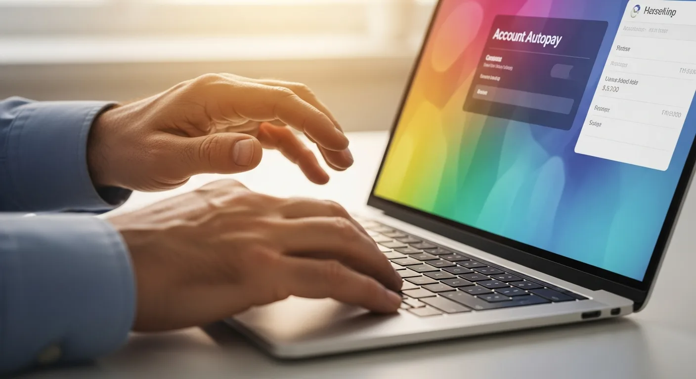 A hand setting up autopay on a laptop for a utility account