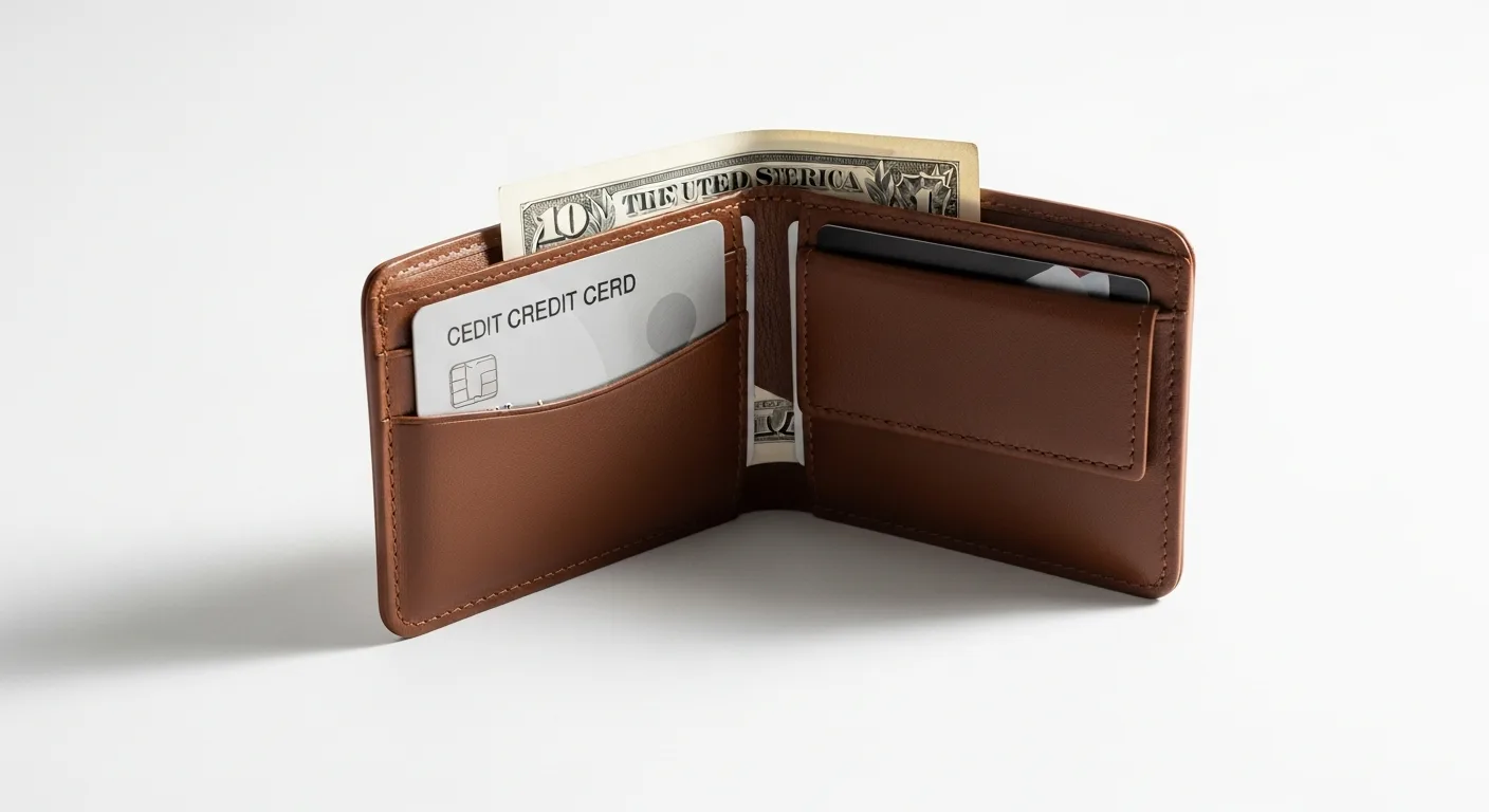 A wallet with a single credit card and a folded electric bill tucked beside it
